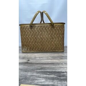 Redmon Woven Picnic Basket Wood Lid Mustard Yellow Handles Vintage Style